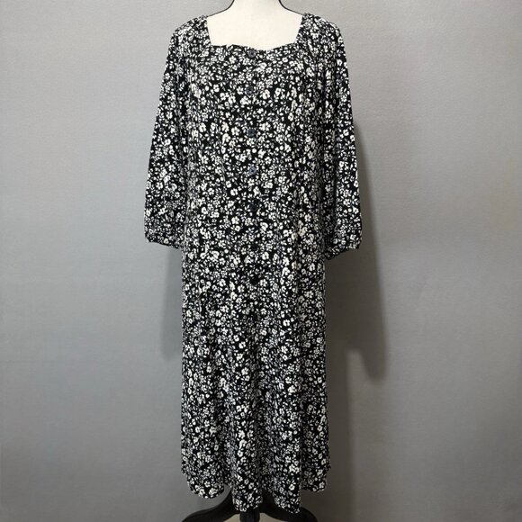 J. Jill Midi Dress Womens Sz L Petite 3/4 Sleeve Square Neck Floral Cottage Boho - Picture 1 of 9